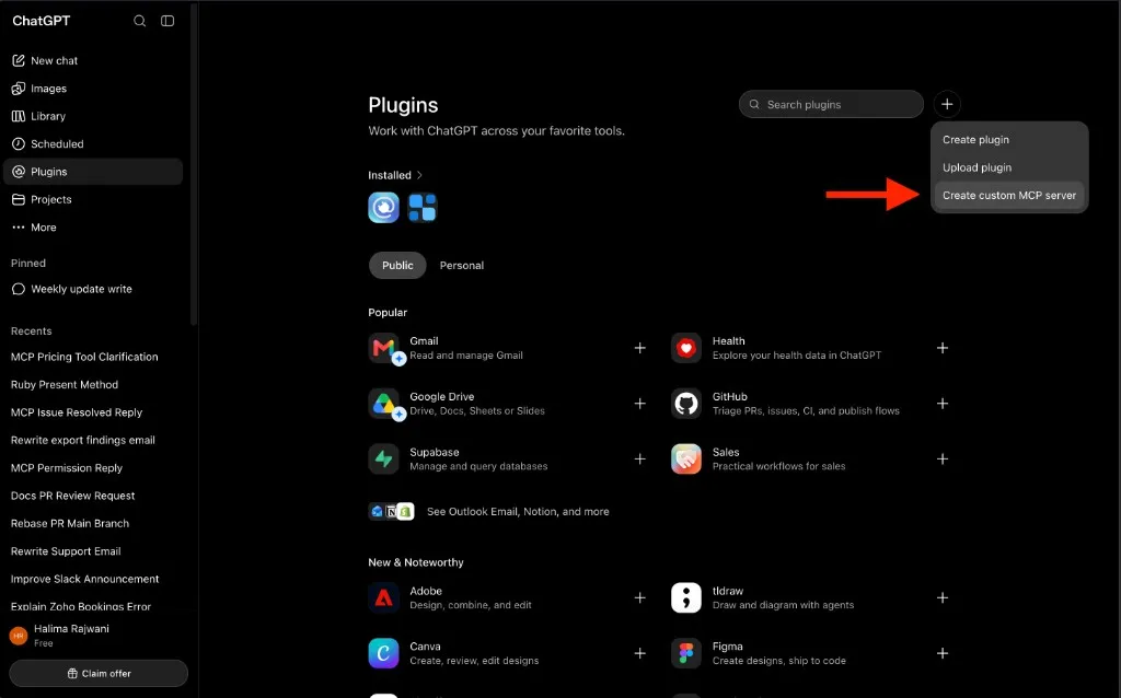 ChatGPT Plugins page showing the + dropdown menu with Create custom MCP server selected