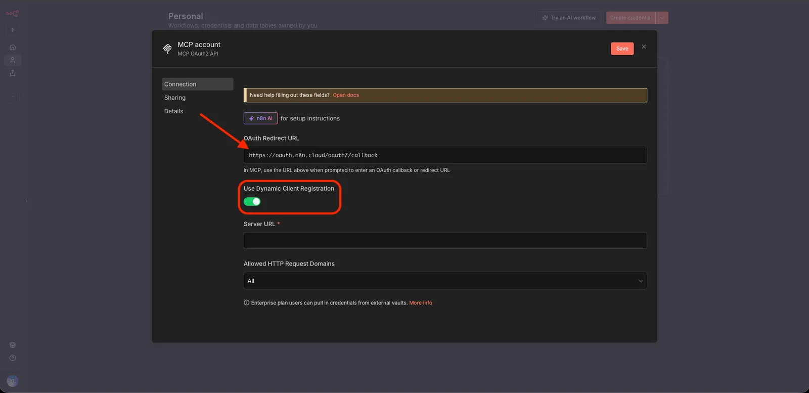 n8n MCP OAuth2 API credential popup with arrows pointing to the callback URL and the Dynamic Client Registration toggle