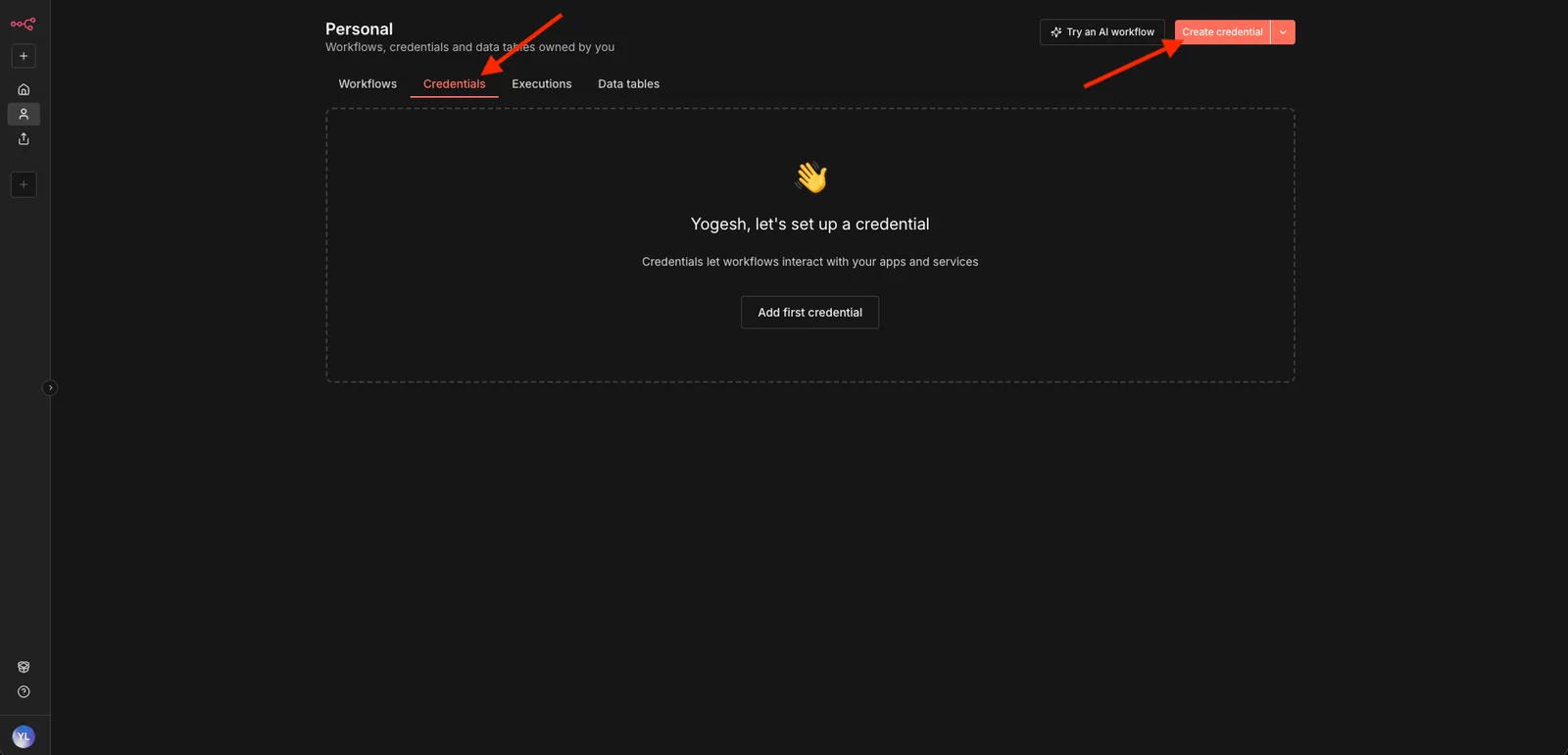 n8n dashboard with arrows pointing to the Credentials tab and the Create New Credential button