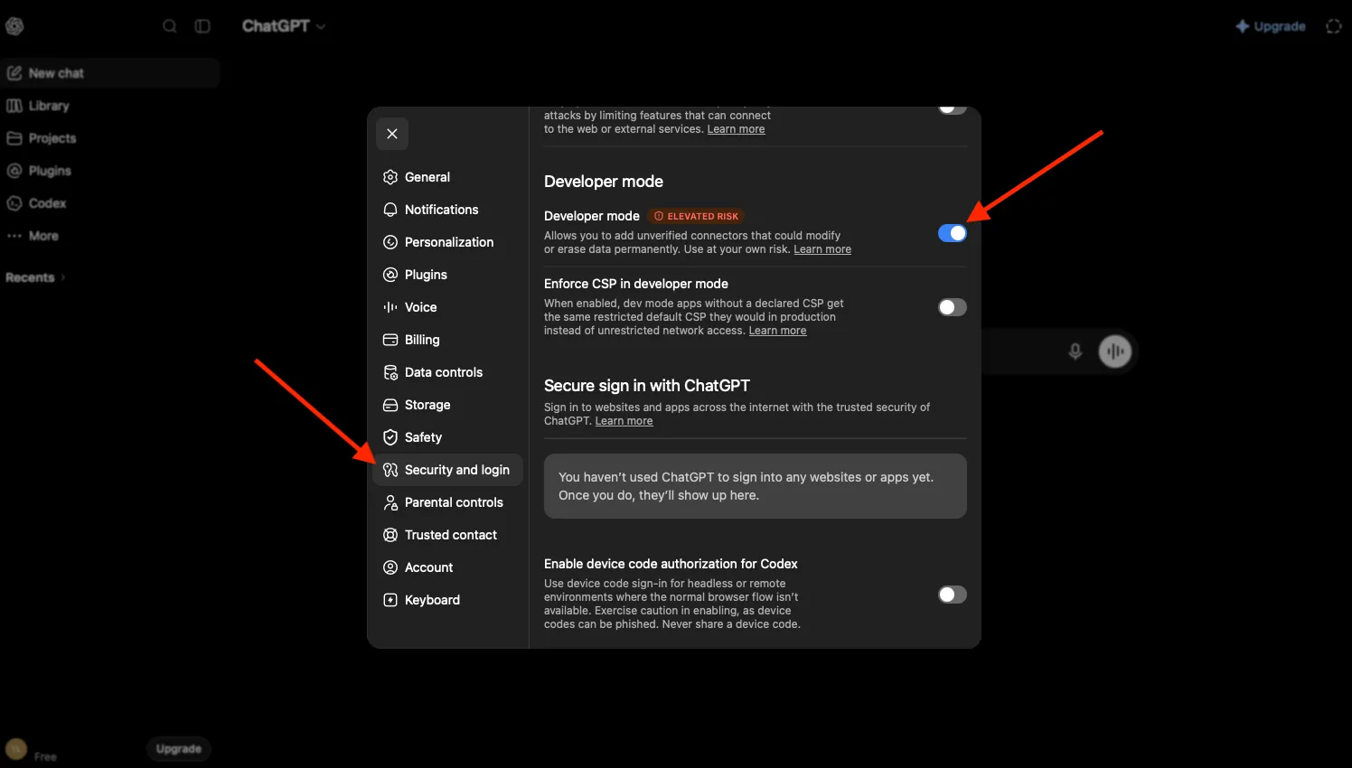 ChatGPT Settings page with arrows pointing to Security & Login and the Developer Mode toggle