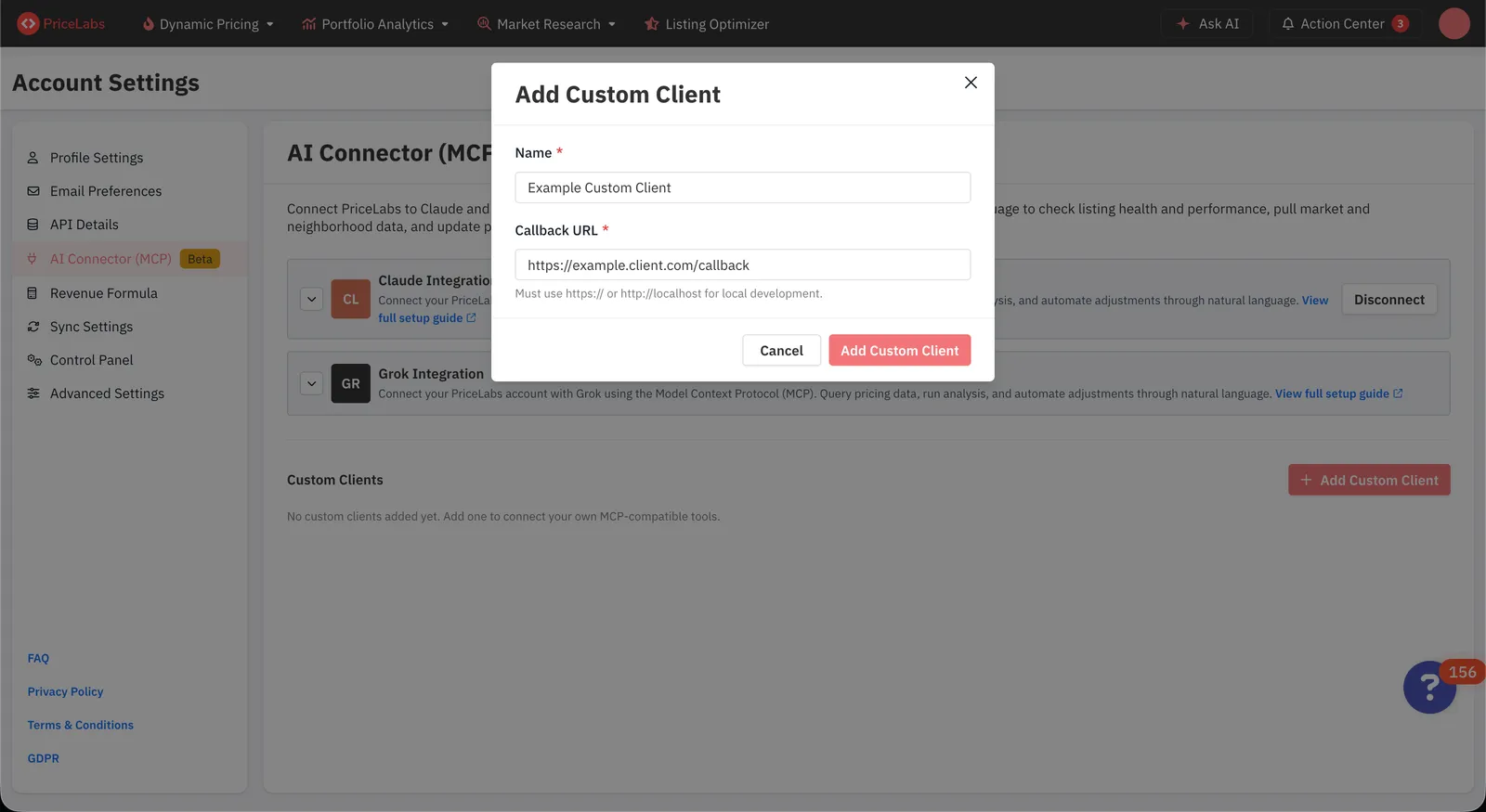 PriceLabs Add Custom Connector modal with Name and Callback URL fields filled in