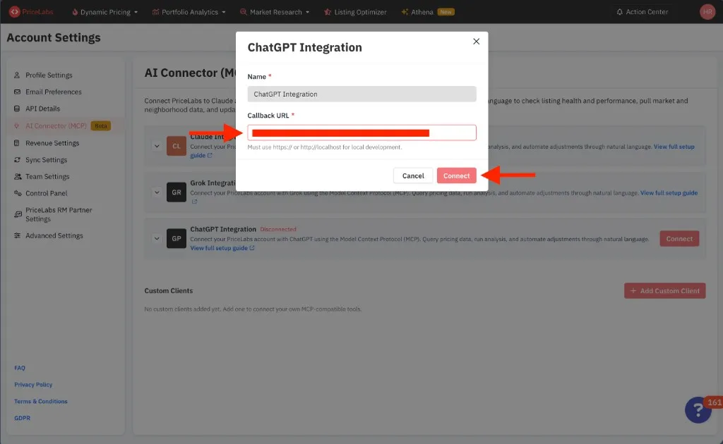 ChatGPT Integration dialog with arrows pointing to the Callback URL field and the Connect button