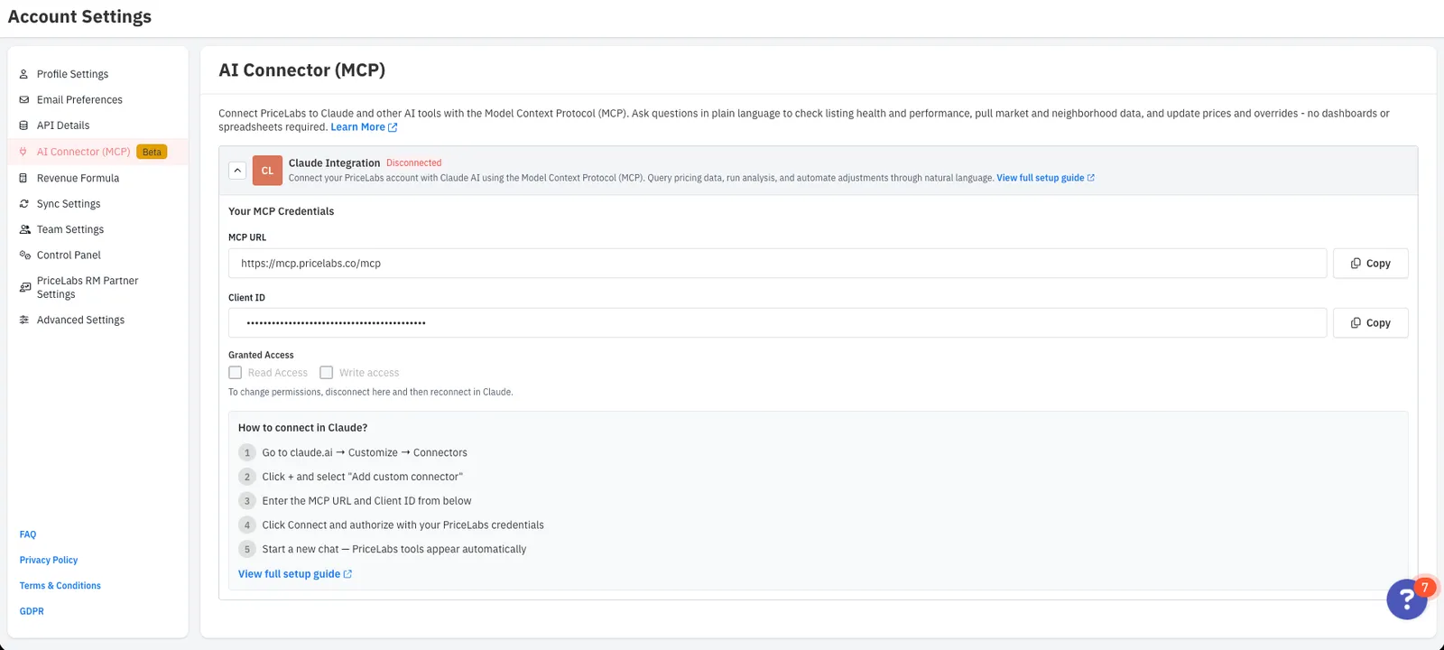 PriceLabs Account Settings MCP Integration page showing MCP URL, Client ID, and Claude integration status
