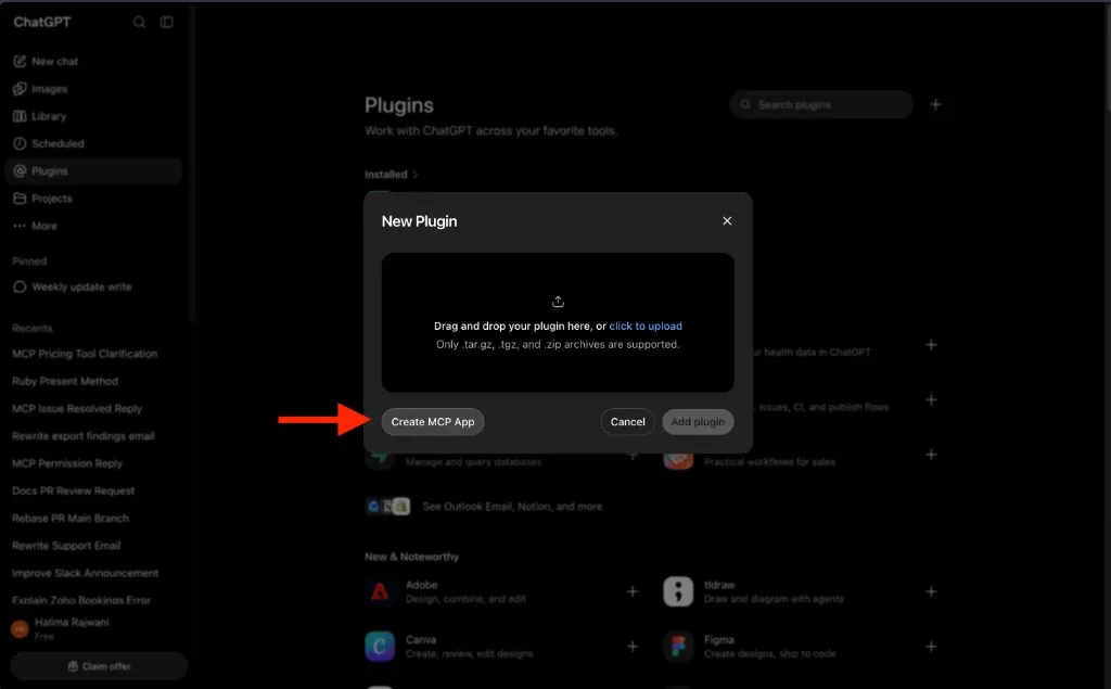 ChatGPT New Plugin dialog with an arrow pointing to the Create MCP App button
