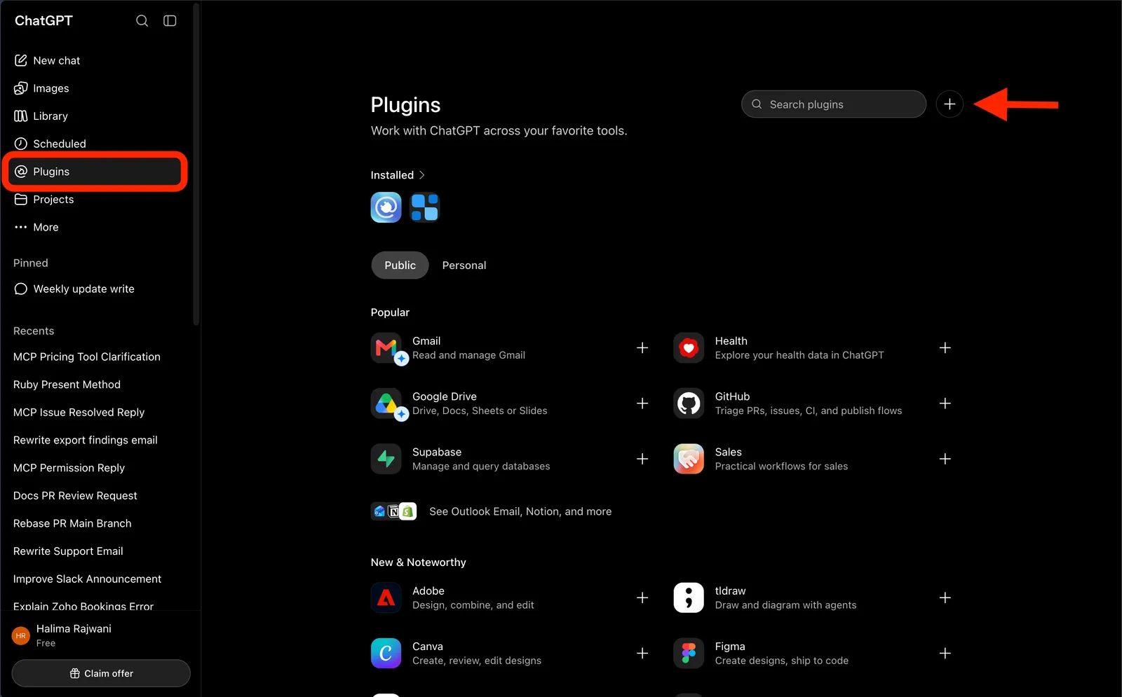ChatGPT Plugins page with an arrow pointing to the + icon for adding a new plugin