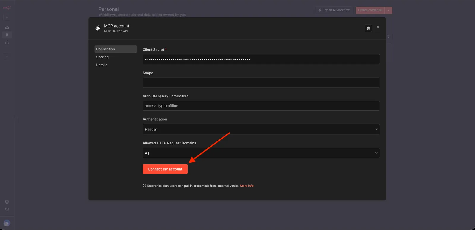 n8n credential saved with the Connect button highlighted