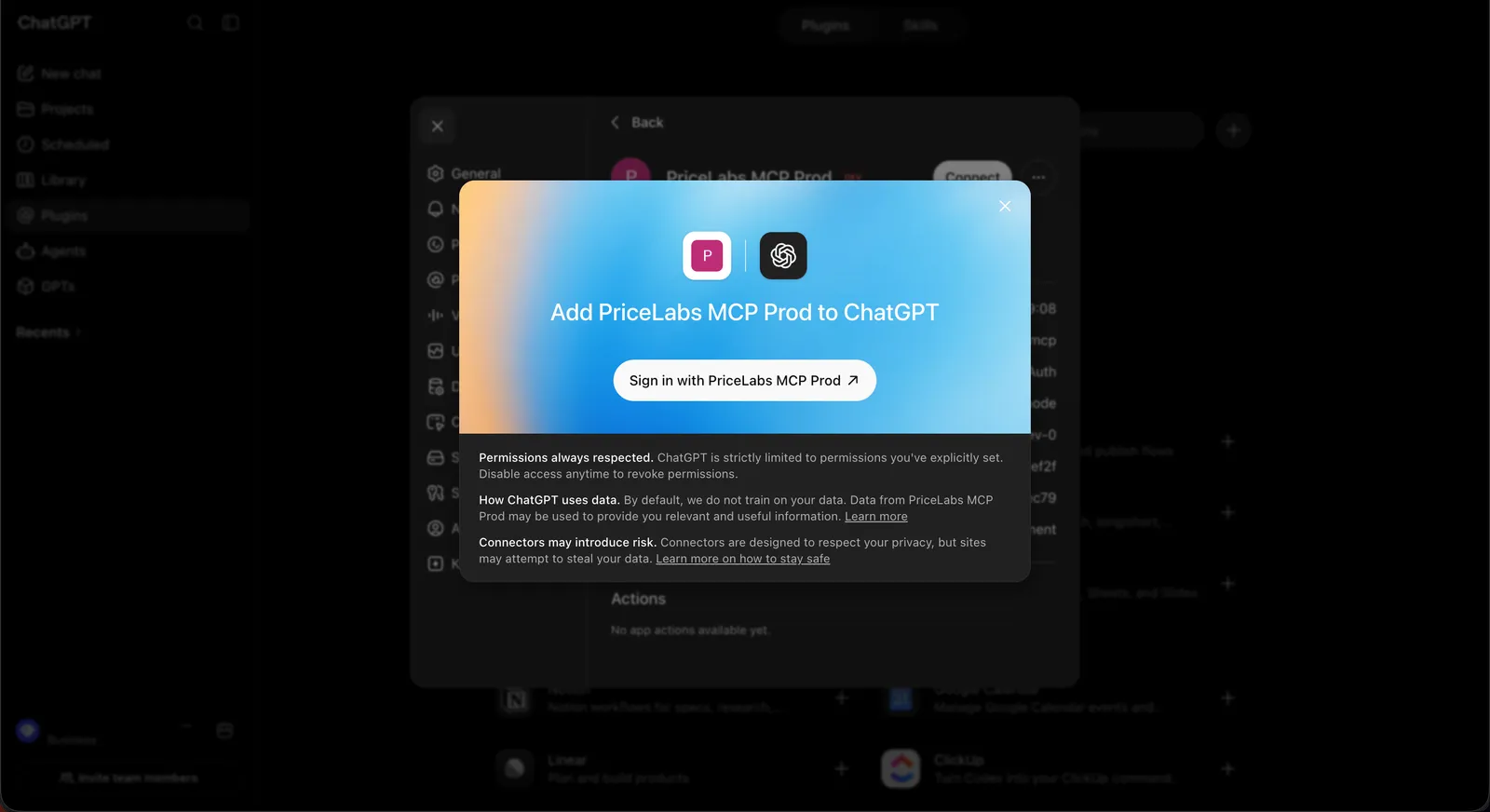 ChatGPT popup prompting connection with an arrow pointing to the Sign in with PriceLabs MCP button