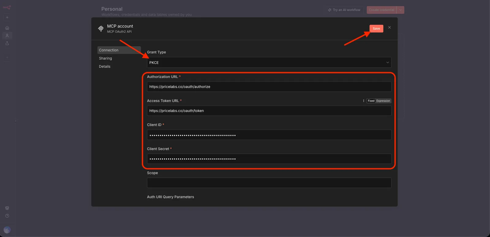 n8n MCP OAuth2 credential form with PKCE selected, OAuth URLs and credentials filled in, and arrows pointing to the PKCE option and Save button