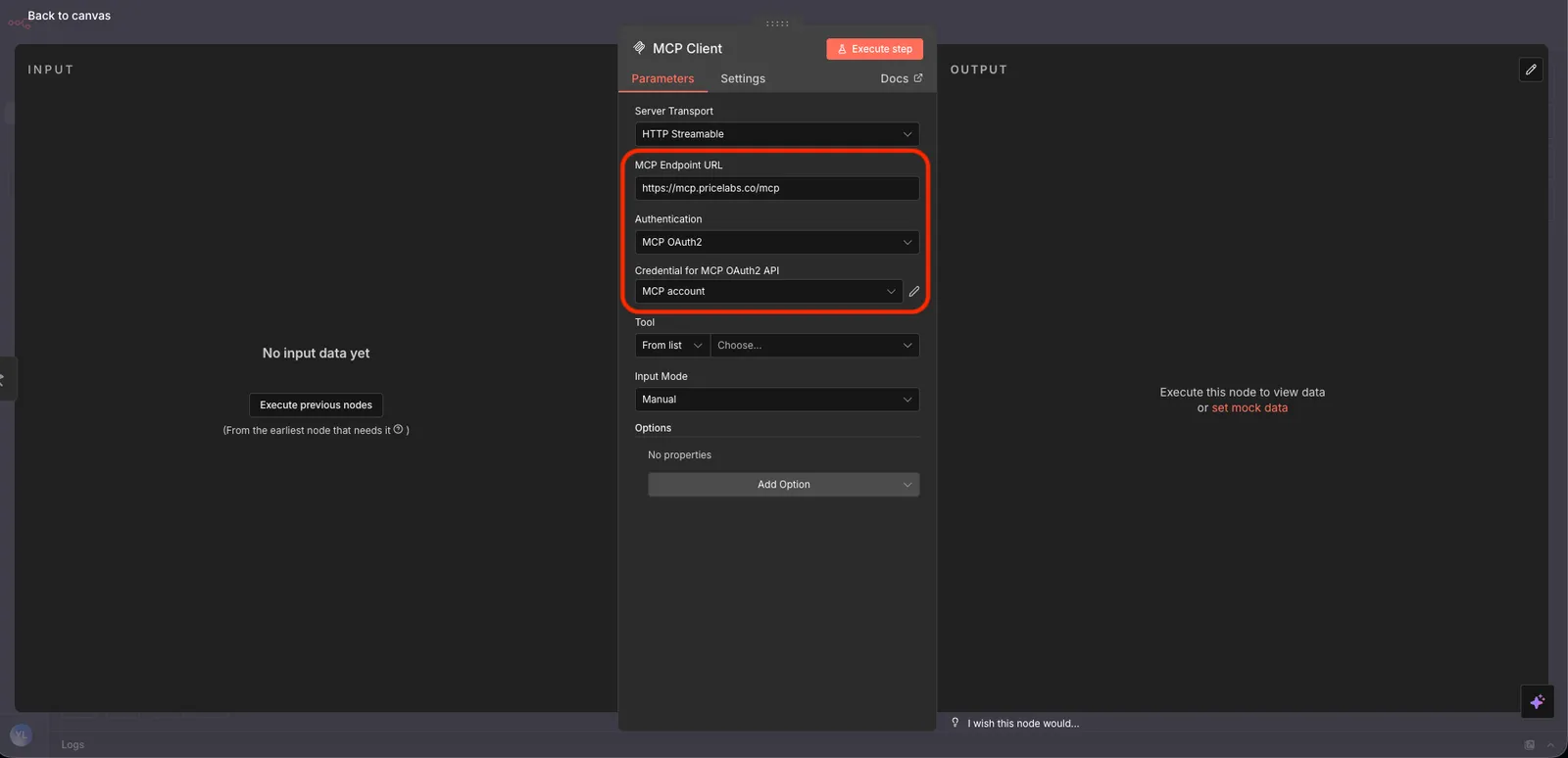n8n workflow step editor with arrows pointing to the MCP endpoint URL field and the MCP OAuth2 authentication selector