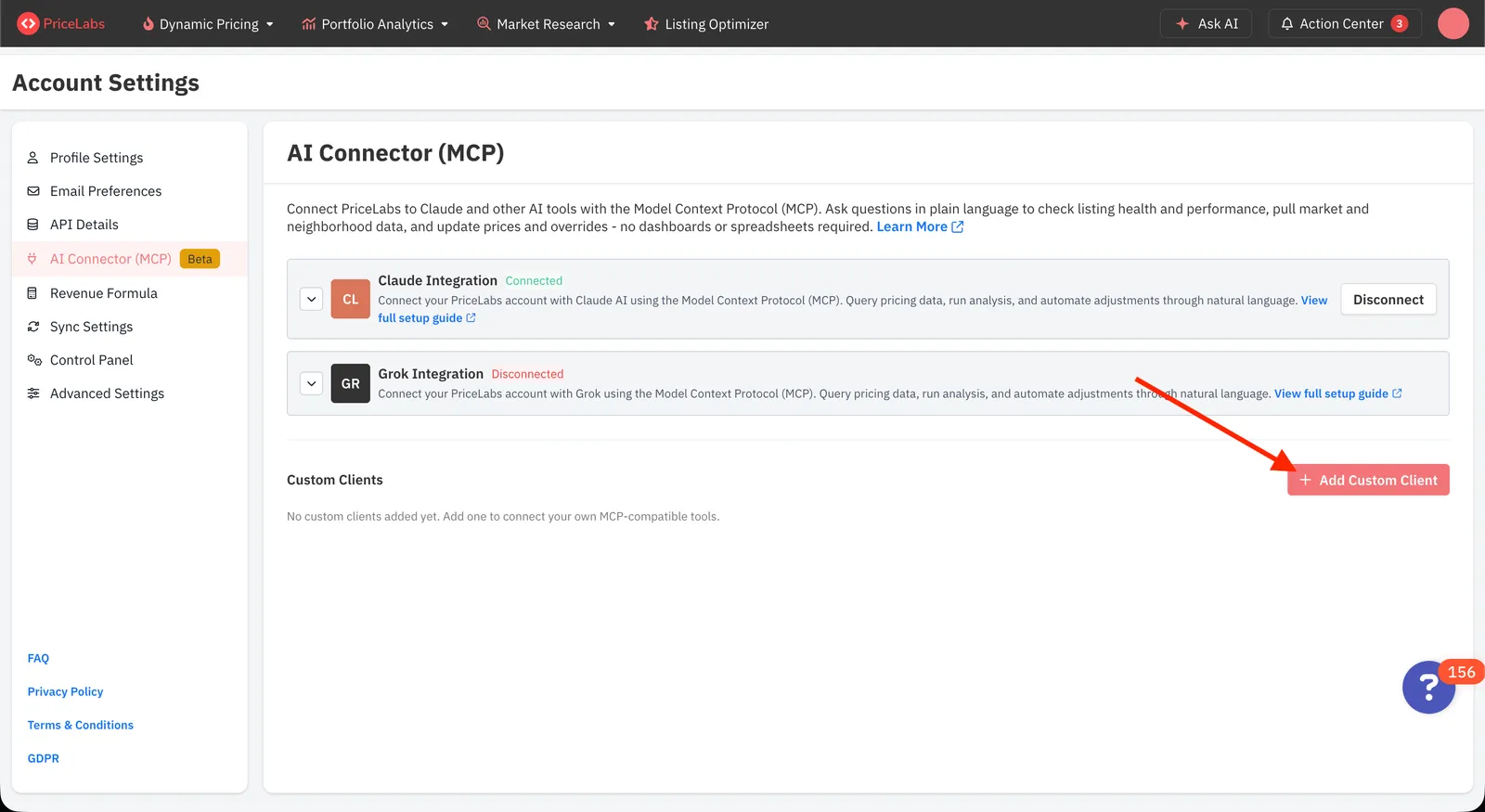 PriceLabs MCP settings page with an arrow pointing to the Add Custom Connector button
