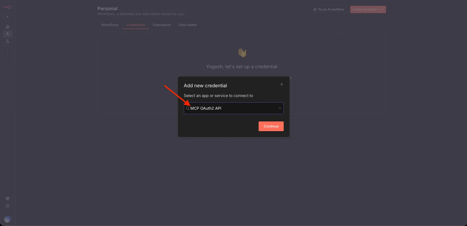 n8n credential type selector with MCP OAuth2 API selected from the dropdown