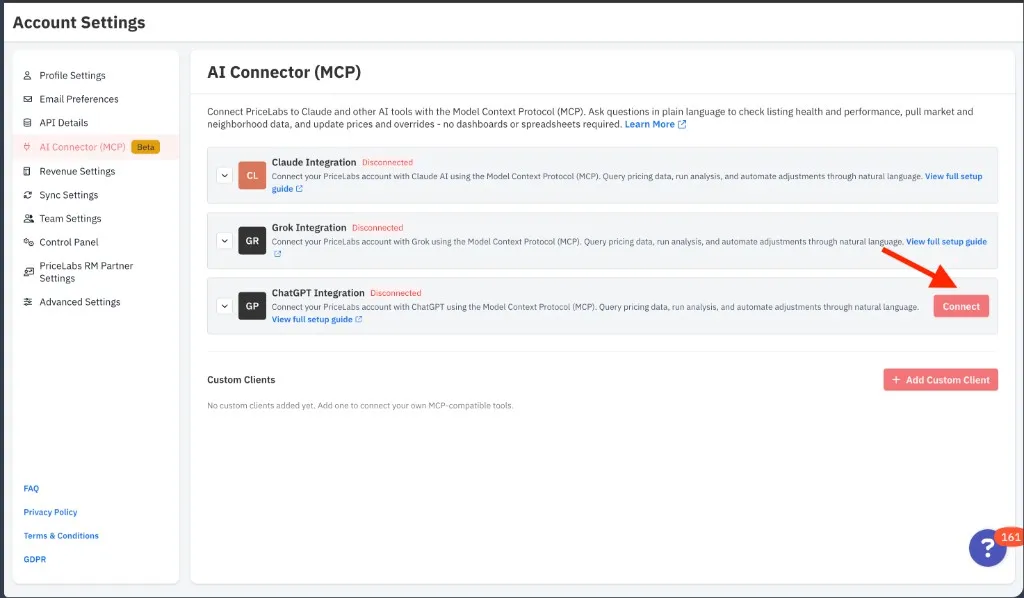 PriceLabs AI Connector (MCP) page with an arrow pointing to the Connect button on the ChatGPT Integration card