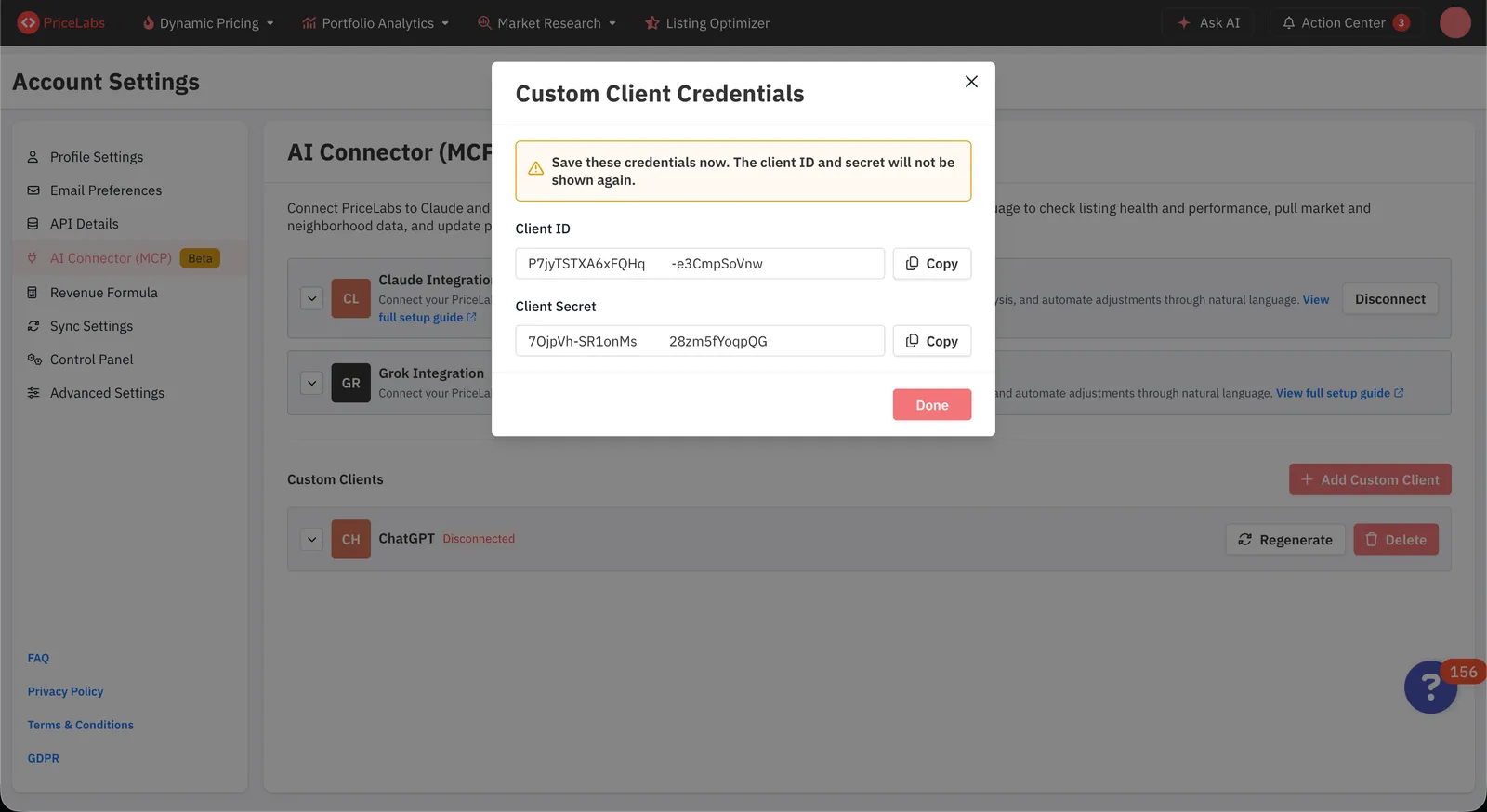 PriceLabs credentials modal showing the one-time Client ID and Client Secret