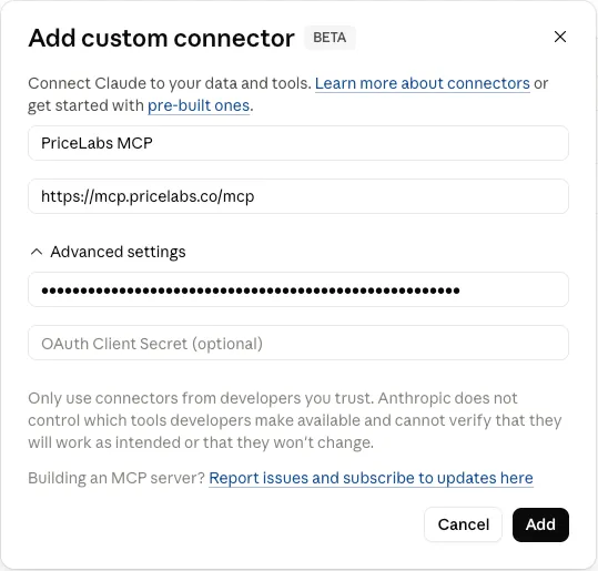 Claude Add custom connector form with Name, URL, and advanced credential fields